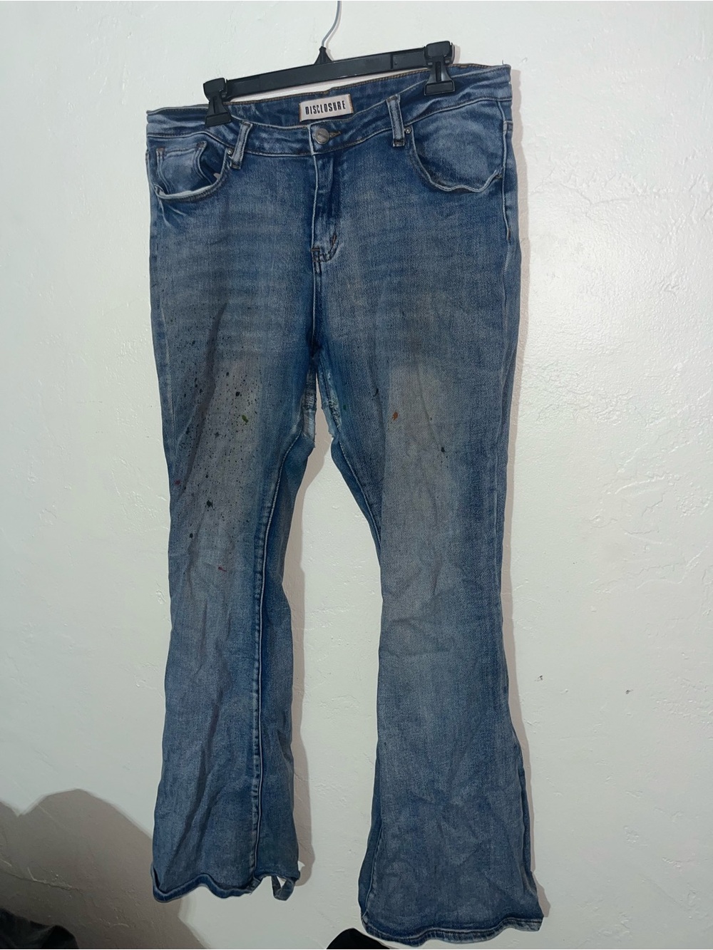 Super Distressed Repaired LowRise Stretch Flare Jean Disclosure 33 Waist x 33.5”